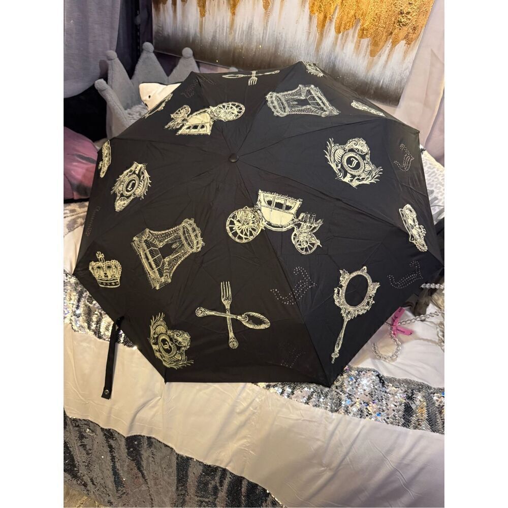 Vintage OG Juicy couture crown bling automatic umbrella sun rain + hat